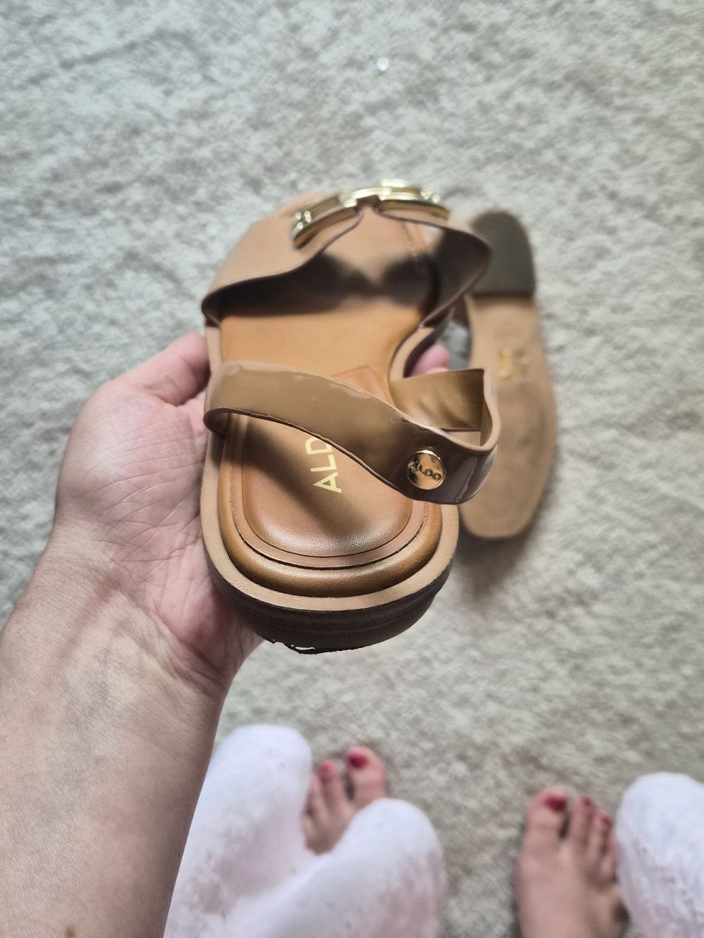 ALDO Tan Leather Slide Sandal with Gold Hardware - Picture 5 of 6